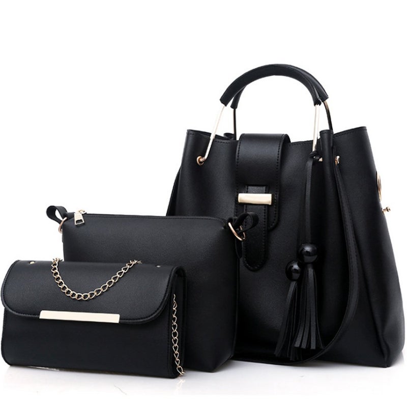FiveloveTwo Womens Ladies Purse and Handbags 3 Pcs Bag Set PU Leather Tassel Totes Clutch Satchels Top Handle Shoulder Crossbody Bags Pack Black